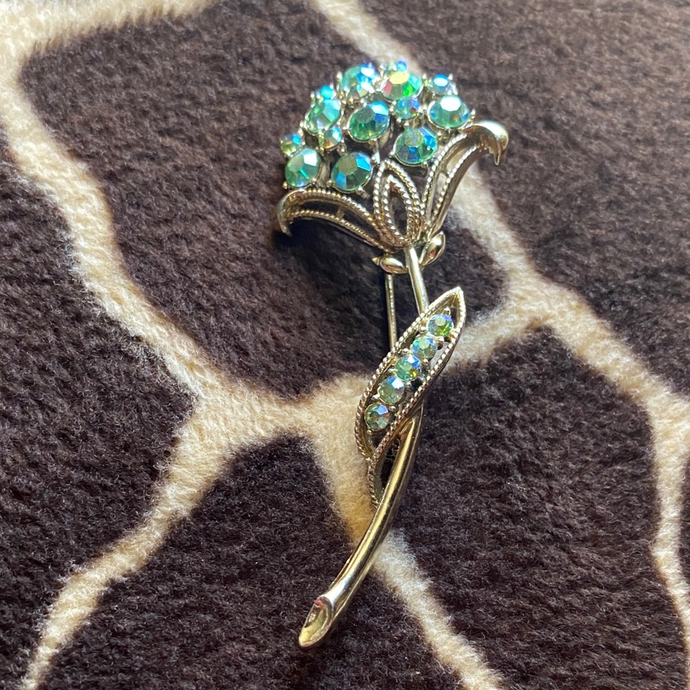 Vintage Coro Signed Green Aurora Rhinestone Gold Tone Brooch